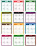 Calendar 2013 in assorted colors with large date boxes. Each month a different color.