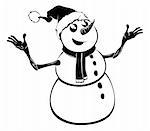 Black and white illustration of a Christmas snowman in Santa hat