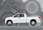 Pick-up truck with background of cogwheels. Vehicle and background on separate layers, no transparencies.