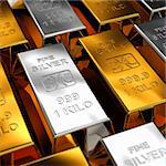 Gold and Silver Bars placed next to each other with shallow depth of field