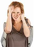 Aggressive woman with fists up on isolated background