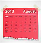 2013 calendar august colorful torn paper. Vector illustration