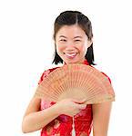 Oriental female with Chinese traditional dress Cheongsam and Chinese Fan