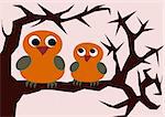 A stylized image of two owls     sitting side by side on a    branch.