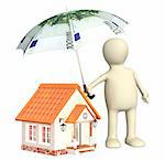 Financial protection. Puppet with umbrella and house