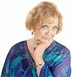Curious mature woman with finger on cheek over white background