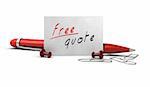 Free quote message handwritten onto a white business card, there is a ball point pen, paperclips and thumbtack