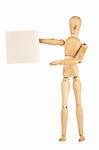 Wooden dummy holding handmade paper isolated on a white background