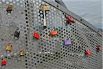 Close-up of Locks of Love, Tetraeder, Bottrop, Ruhr Basin, North Rhine-Westphalia, Germany