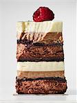 A slice of layered chocolate cake topped with a raspberry