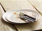 A dirty plate with cutlery and a paper napkin