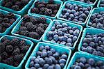 Baskets of Freshly Picked Blueberries and Blackberries at a Farmers Market