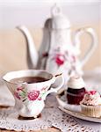 Pretty Antique Tea Cup with Mini Cupcakes and Tea Pot
