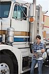 Woman looking at clipboard while standing by flatbed truck