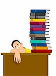 Vector illustration of a cartoon figure lazy sitting with piles of books