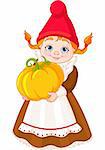 Illustration of cute Garden Gnome Girl with pumpkin