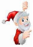 Cute cartoon Santa peeking round a sign or similar and showing or pointing at the information or image on it