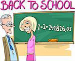 Back to School: Cartoon Humorous Illustration of Teenage Girl doing Mathematics Task at Blackboard and Surprised Teacher