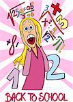 Cartoon Humorous Illustration of Teenage Girl Student Frightened of Coming Back to School and Difficult Math Tasks
