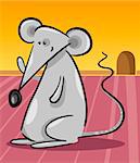 Cartoon Illustration of Cute Little Gray Mouse and her Hole in the Wall