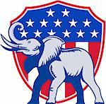 Illustration of a republican elephant mascot with American USA stars and stripes flag shield done in retro style.