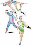 Athletics. Decathlon: High jump, Shot put, Race. Color vector illustration.