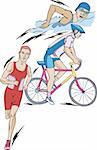 Triathlon: swimming, cycling, and running. Set of color vector illustrations.