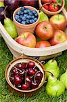 trug of harvested summer fruit including: blueberries, cherries, apples, pears, strawberries, plums