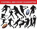 Rugby and american football  silhouettes isolated on white background