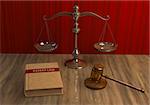 Illustration of legal attributes: gavel, scale and patent law book on the table