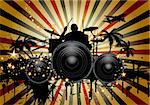Musical retro grunge background with drummer. Vector illustration. EPS 10 with transparency.