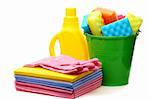 Cleaning tools and bucket on a white background.