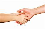 small child's hand holding on to a big hand man isolated on white background