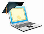 Education laptop concept. Illustration of a laptop computer with a mortar board cap and diploma certificate on screen. Concept for distance learning, or IT computer courses, or other similar education themes.