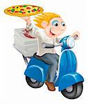Graphic of a fast food pizza chef speeding along in his chef whites delivering pizza.