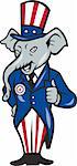 Illustration of a republican elephant mascot of the republican party wearing hat and suit thumbs done in cartoon style.
