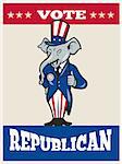 Illustration of a republican elephant mascot of the republican party wearing hat and suit thumbs done in cartoon style with words vote republican