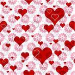 Seamless valentine pattern with pink flowers and vivid red hearts (vector EPS 10)