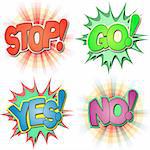 A Selection of Comic Book Exclamations and Action Words, Stop, Go, Yes, No.