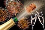 popping champagne with firework at new year