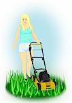A young girl with a yellow lawn     mower.