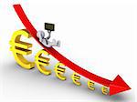 3d businessman is falling from descending graph and euro signs getting smaller