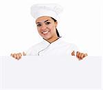 Décrivez image des hispanique chef femme tenant une pancarte blanche