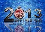 2013 Happy New Year Snowflakes Ornament on Blue Blurred Snow Background