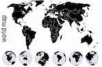 Schwarze Weltkarte mit Erde Globen