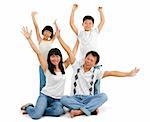 Happy Asian family arms up over white background