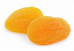 Two dried apricot fruits isolated on white background