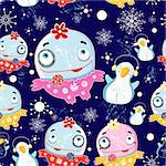 Lumineuse seamless pattern de Noël avec les monstres et les pingouins sur fond bleu foncé avec les flocons de neige