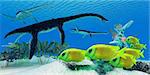A school of Lemonpeel Angelfish keep a wary eye on three large predatory Plesiosaurus dinosaurs.