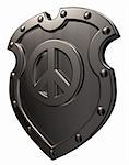 shield with metal peace symbol on white background - 3d illustration